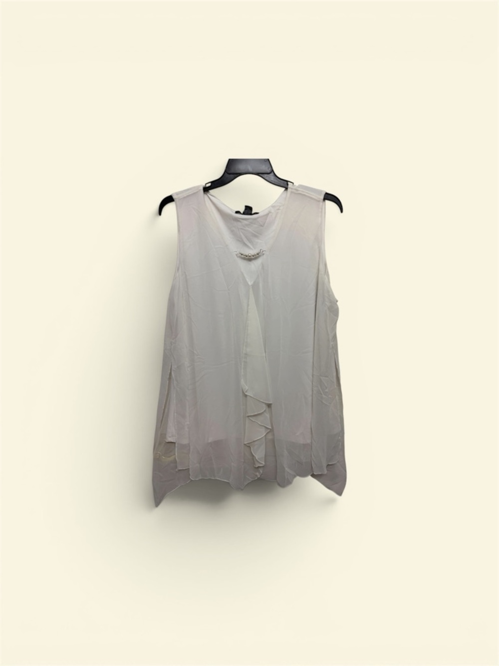 White Sleeveless Ruffle Front Top with Pearl Accent blouse